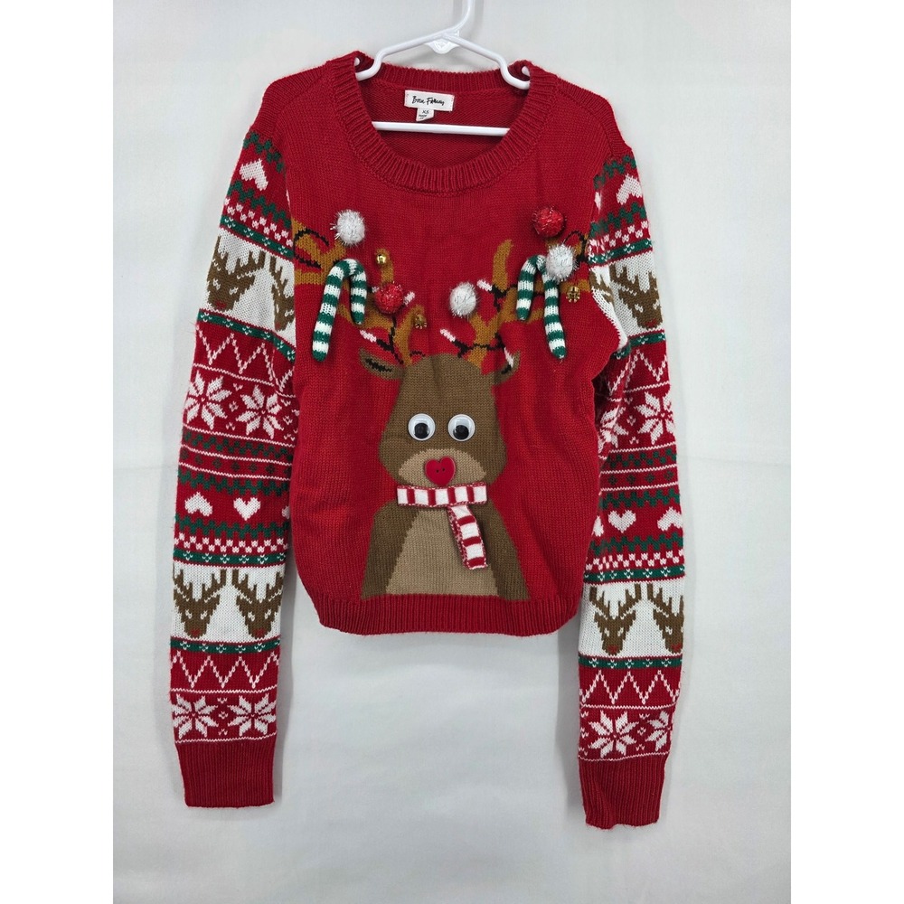 Born Famous Reindeer Ugly Christmas Sweater Red Fair Isle Pom Poms Womens XS